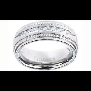 MENS WEDDING BAND TITANIUM & SILVER CZ STONES BOX!